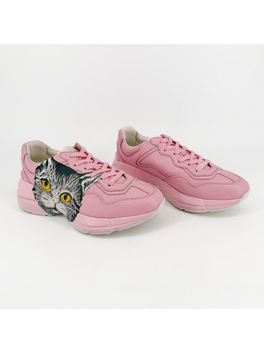 Gucci Rhyton Mystic Cat Sneakers Pink Leather Size 38.5 US 8.5 Women's Chunky